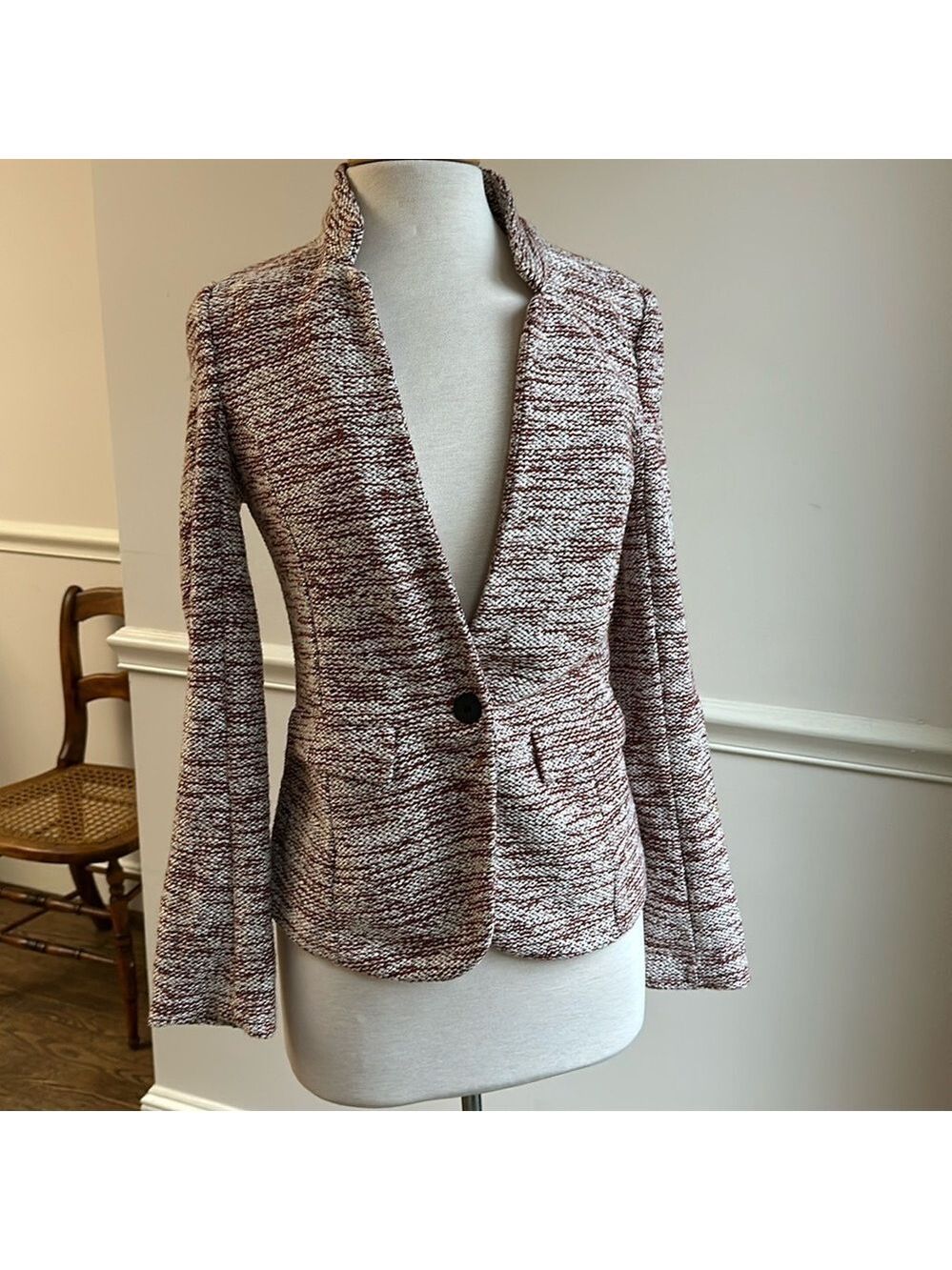 Promod Boucle One Button Blazer Cream w/ Red Highlights Medium EUC